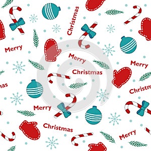 Seamless Christmas pattern with Christmas decorations, mittens and lollipops