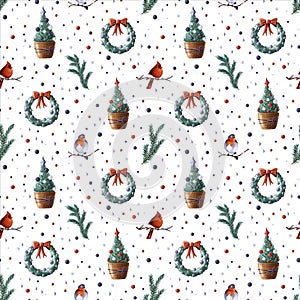 Seamless Christmas pattern with Christmas tree, wreath, winter birds, stars, fir tree branches, Christmas toys on white
