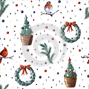 Seamless Christmas pattern with Christmas tree, wreath, winter birds, stars, fir tree branches, Christmas toys on white