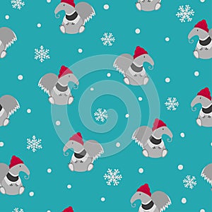 Seamless Christmas pattern with cute ant eater and snowflakes.