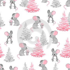 Seamless Christmas pattern with cute watercolor mouse.
