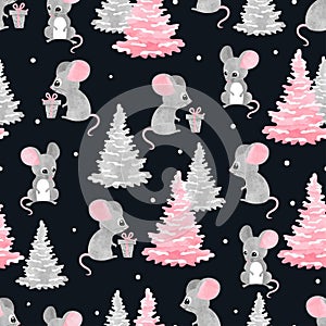 Seamless Christmas pattern with cute watercolor mouse and tree.