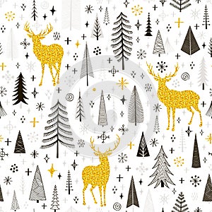 Seamless Christmas pattern with deers, snowflakes and spruce