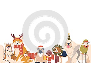 Seamless Christmas Pattern Featuring Cute Dog. Pug, Shiba, Inu Or Komondor, Corgi, Jack Russel With Puddle And Beagle