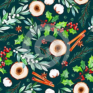 Seamless Christmas pattern with flowers,wooden slices,leaves,branches,cotton flowers