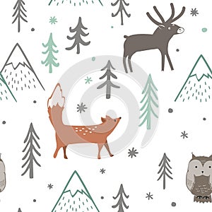 Seamless Christmas pattern with forest trees, mountains, fox, owl and deer. Happy New Year background. Xmas Vector
