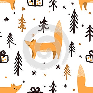 Seamless Christmas pattern with forest trees, present box, and happy foxes. Happy New Year background. Xmas Vector