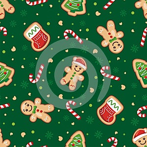 Seamless Christmas Pattern With Gingerbread Man, Santa Claus, Christmas Tree, And Candy Cane On Dark Green Background. Cute Cartoo