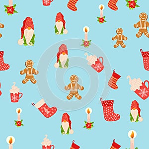 Seamless Christmas pattern with gnome, candle, gingerbread, stocking. Wrapping paper