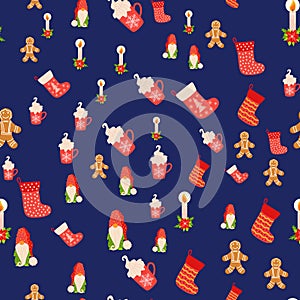 Seamless Christmas pattern with gnome, candle, gingerbread, stocking. Wrapping paper