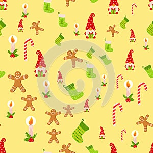 Seamless Christmas pattern with gnome, gingerbread, candle, stocking, candy cane. Wrapping paper