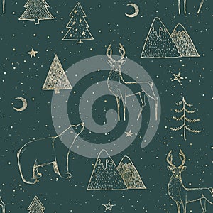 Seamless Christmas pattern with gold bear, reindeer / deer, mountains, moon, spruce on green background