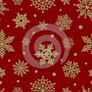 Seamless christmas pattern with gold glitter snowflakes on red background