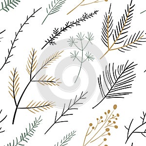 Seamless christmas pattern with green christmas tree branches. Winter texture. New Year. Hand drawn doodle fir branches.