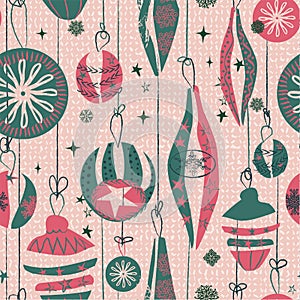 Seamless Christmas pattern with hanging vintage baubles ornaments, snowflakes and stars. For wrapping paper, cards, invitations.