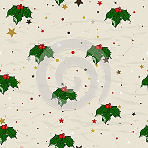 Seamless Christmas pattern with holly berries ink style.