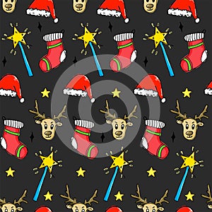 Seamless Christmas Pattern - Santa Hat, Magic Wand, Star, Deer o