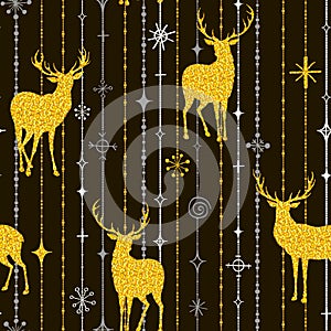 Seamless Christmas pattern with silhouettes of gold deers and sn