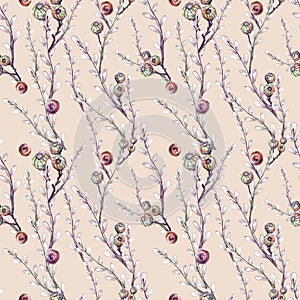 Seamless Christmas pattern with spruce branches. berries