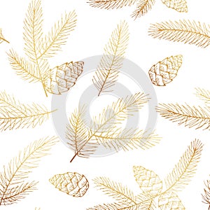 Seamless Christmas Pattern with Spruce Branches and Pine Cones photo