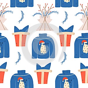 Seamless christmas pattern with ugly sweater with santa claus. Vector illustration in flat style for printing in typography
