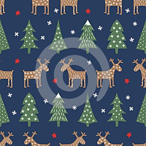 Seamless Christmas pattern - varied Xmas trees, deer, stars and snowflakes. photo