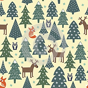 Seamless Christmas pattern - varied Xmas trees, houses,foxes, owls and deers.