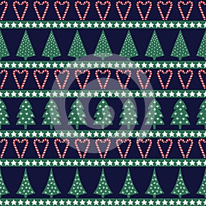 Seamless Christmas pattern - varied Xmas trees, stars and candy canes. photo