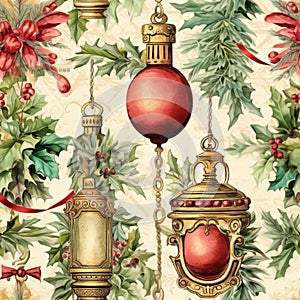 Seamless Christmas pattern vintage style. Christmas lantern and ornament decoration