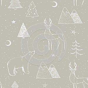 Seamless Christmas pattern with white bear, reindeer / deer, mountains, moon, spruce on beige background