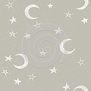 Seamless Christmas pattern with white moon and stars on beige background