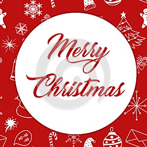 Seamless Christmas pattern white objects with red text Merry Christmas on redbackground