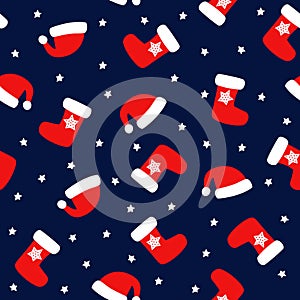 Seamless Christmas pattern with xmas socks, stars and Santa hats.