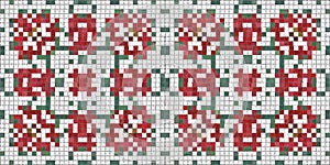 Seamless Christmas poinsettia cross stitch border. Decorative ornament in seasonal red for embroidered December holiday