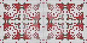 Seamless Christmas poinsettia cross stitch border. Decorative ornament in seasonal red for embroidered December holiday