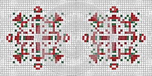 Seamless Christmas poinsettia cross stitch border. Decorative ornament in seasonal red for embroidered December holiday