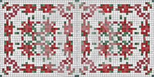 Seamless Christmas poinsettia cross stitch border. Decorative ornament in seasonal red for embroidered December holiday