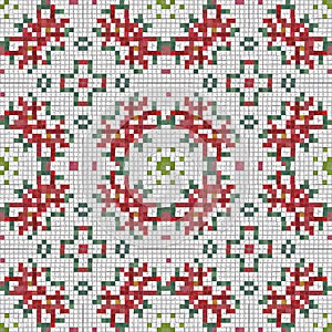 Seamless Christmas poinsettia cross stitch pattern. Decorative ornament in seasonal red for embroidered December holiday
