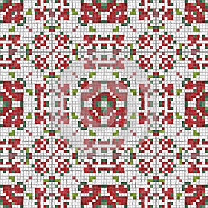 Seamless Christmas poinsettia cross stitch pattern. Decorative ornament in seasonal red for embroidered December holiday