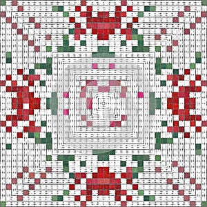 Seamless Christmas poinsettia cross stitch pattern. Decorative ornament in seasonal red for embroidered December holiday