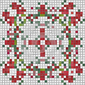 Seamless Christmas poinsettia cross stitch pattern. Decorative ornament in seasonal red for embroidered December holiday