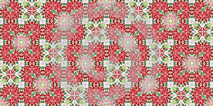 Seamless Christmas poinsettia retro border. Decorative ornament in seasonal red for December holiday washi tape. Winter
