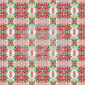 Seamless Christmas poinsettia retro pattern. Decorative ornament in seasonal red for December holiday background. Winter