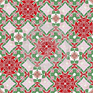 Seamless Christmas poinsettia retro pattern. Decorative ornament in seasonal red for December holiday background. Winter