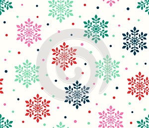 Seamless Christmas Snowflake pattern with colorful polka dots background