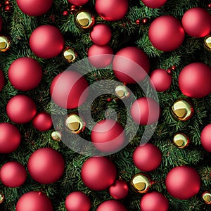 Seamless christmas themed pattern with red baubles on fir tree branches - tileable background