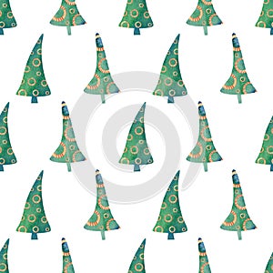 Seamless christmas trees pattern. Watercolor background with simple stylish christmas tree and decorations for wrapping paper,