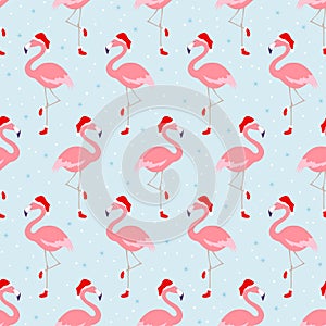 Seamless Christmas tropical flamingos birds with xmas Santa hat