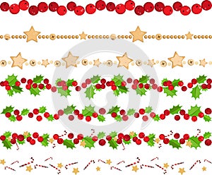 Seamless Christmas vector pattern border set isolated. thread pattern beads and stars, berries and holly