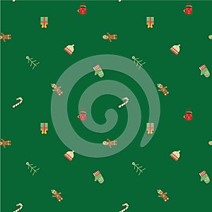 Seamless Christmas vector pattern with gingerbread men, candy canes, hats, gloves, Christmas trees on traditional red